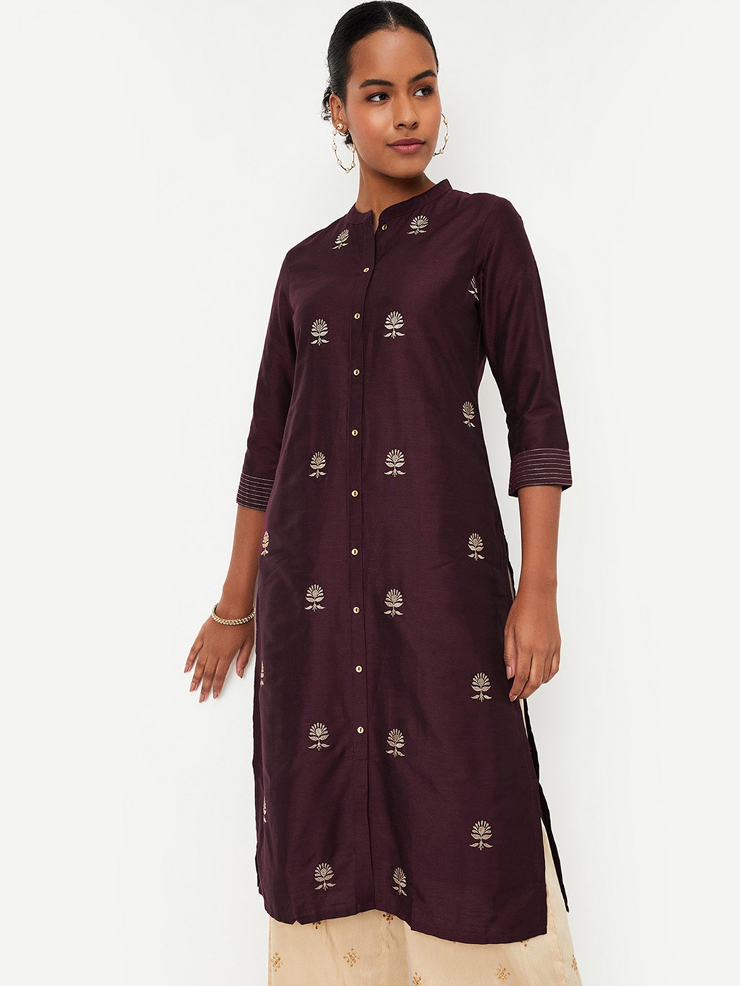 

max Floral Embroidered Mandarin Collar Thread Work Straight Kurta, Purple