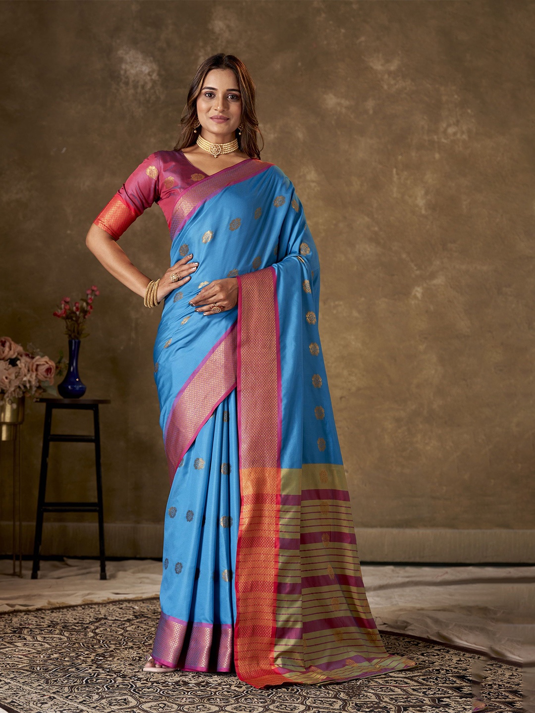 

KAYOMMI Woven Design Zari Pure Cotton Banarasi Saree, Blue