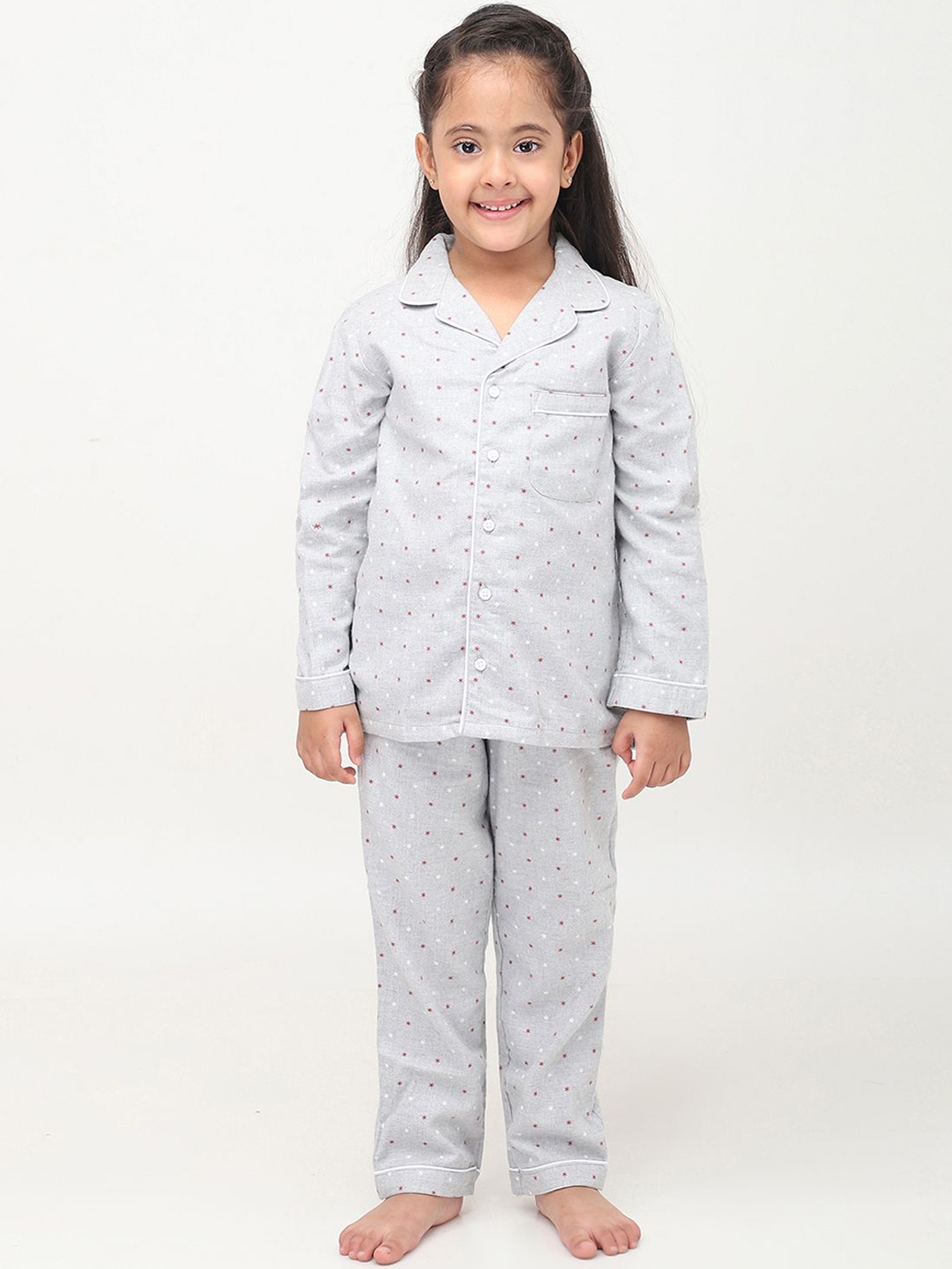 

Biglilpeople Girls Polka Dots Printed Lapel Collar Pure Cotton Night suit, Grey