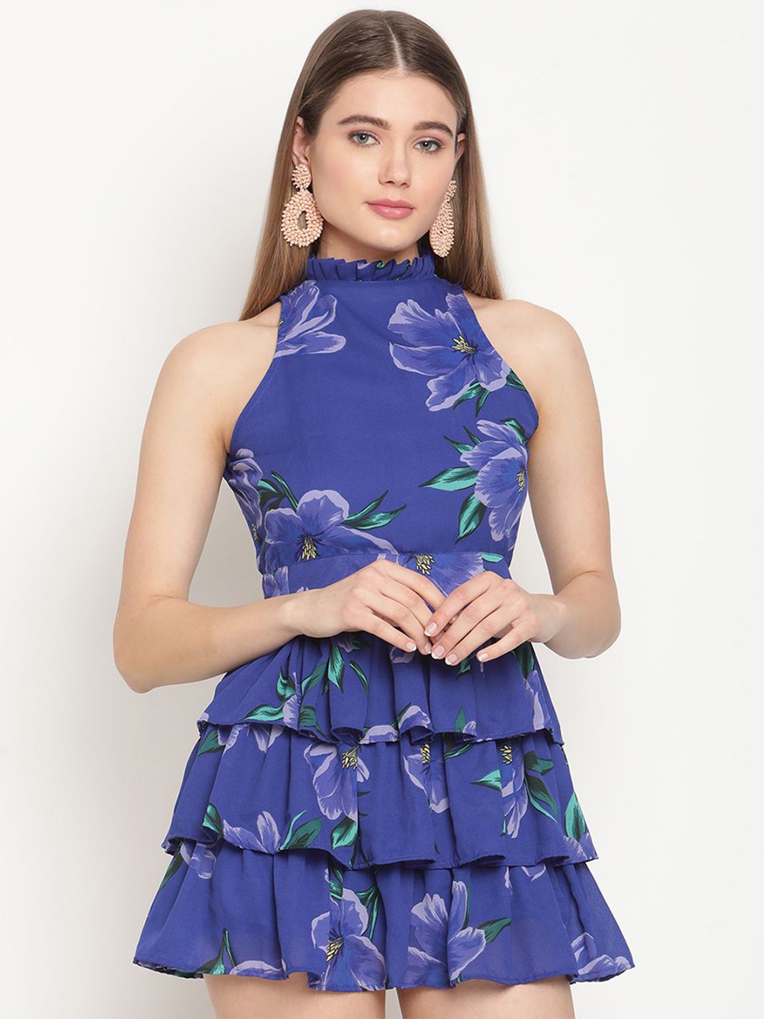

VIRAGO Floral Printed Georgette Fit & Flare Mini Dress, Blue