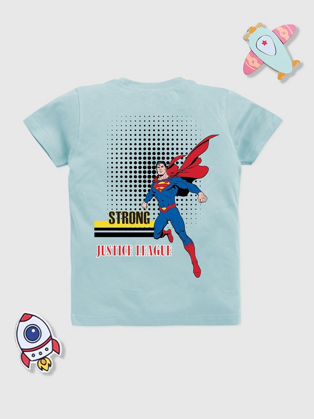 

YK X Minute Mirth Boys Superman Back Printed Pure Cotton T-shirt, Turquoise blue