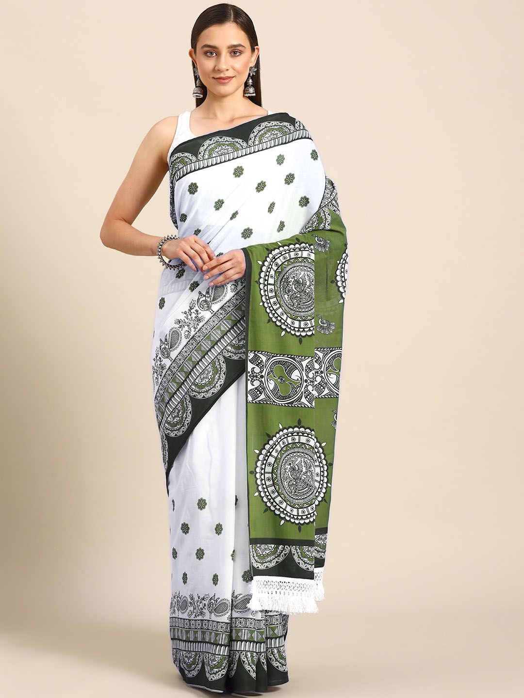 

BUTA BUTI Ethnic Motif Printed Pure Cotton Saree, White