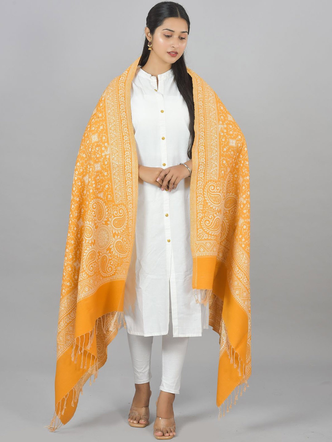 

BAISA Paisley Woven Design Zari Woollen Shawl, Mustard