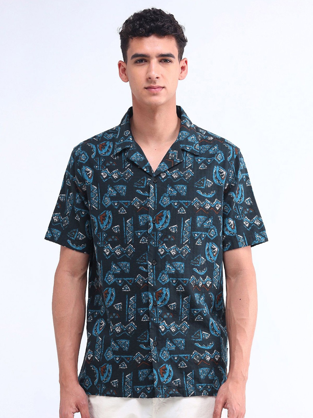 

Flying Machine Men Cuban Collar Abstract Printed Cotton Casual Shirt, Blue