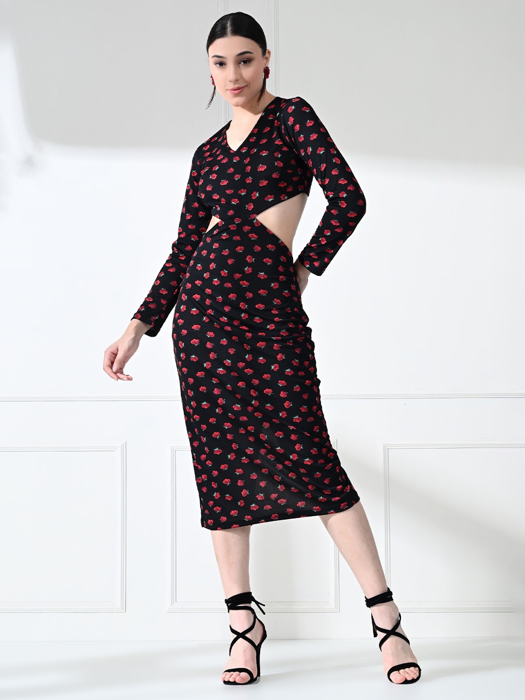 

BAESD Women Floral Print Bodycon Midi Dress, Black