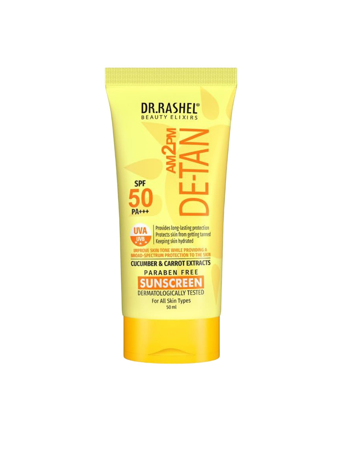 

DR.RASHEL De-Tan Sunscreen SPF 50 PA+++ With Cucumber For Face & Body-100 ml, Yellow