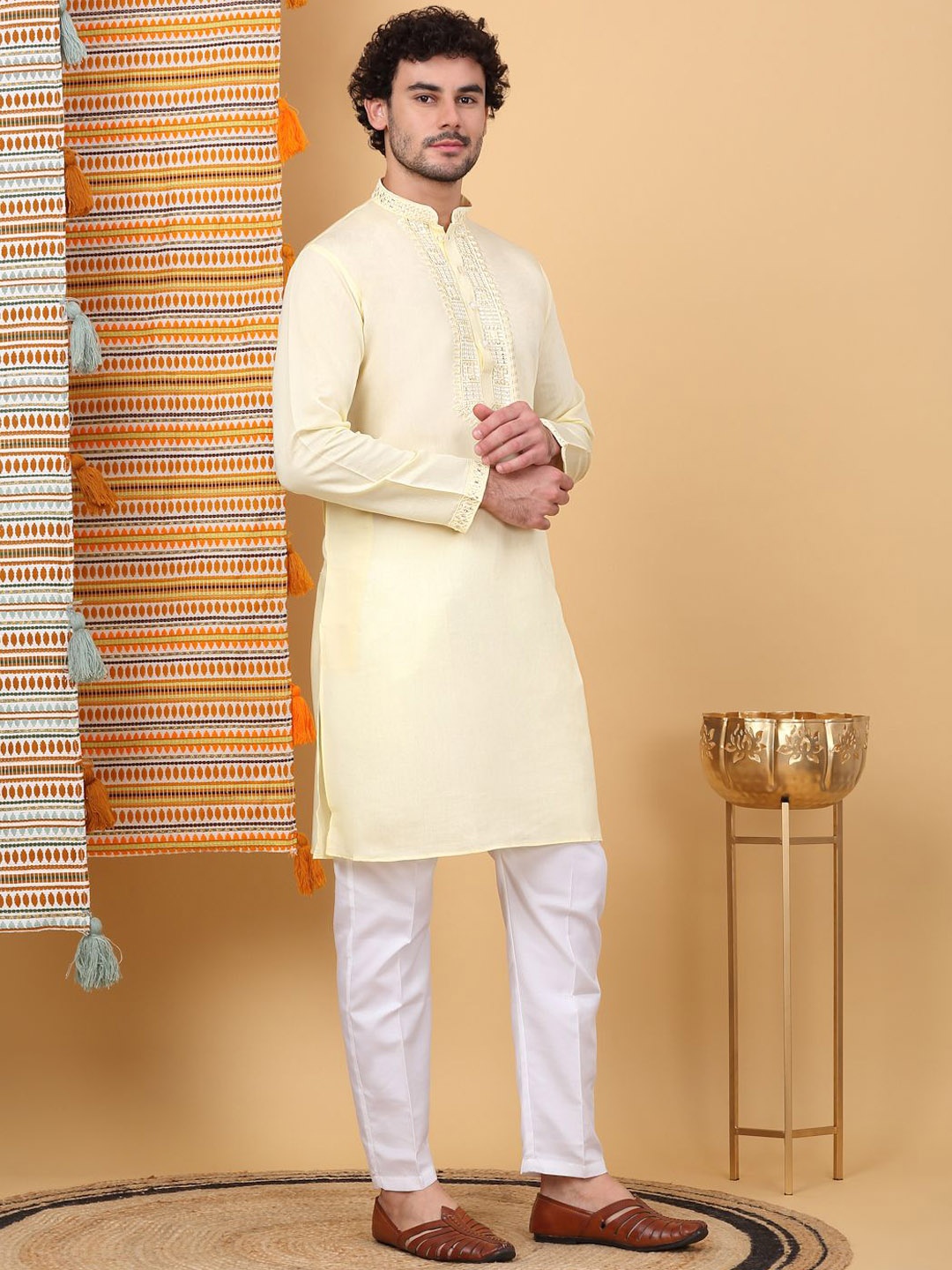 

KRAFT INDIA LUXE Ethnic Motifs Embroidered Sequinned Cotton Silk Straight Kurta & Trouser, Yellow