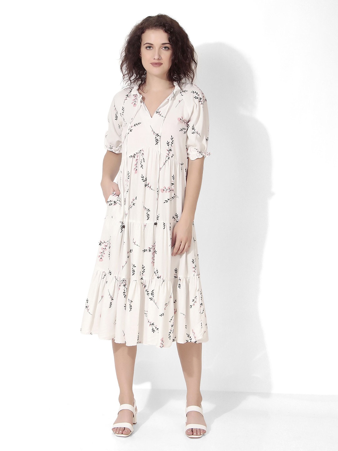 

Seryeon Women Floral Printed Puff Sleeve A-Line Midi Dress, White