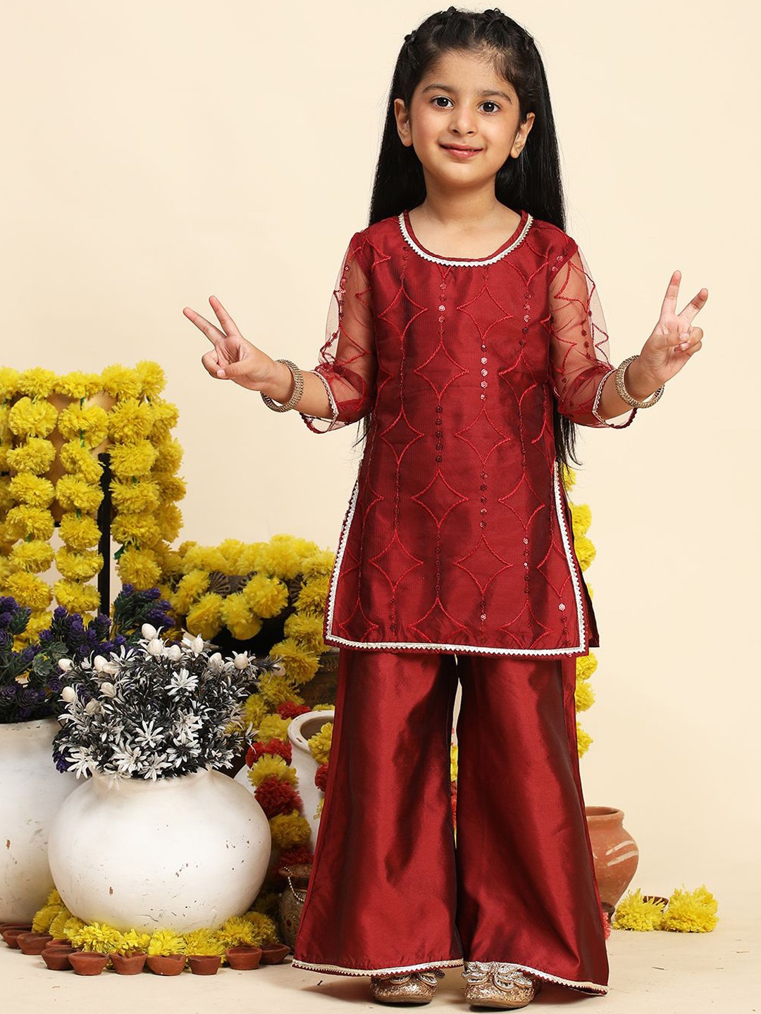 

Cutiekins Girls Ethnic Motifs Embroidered Sequinned Straight Kurta With Palazzos, Maroon