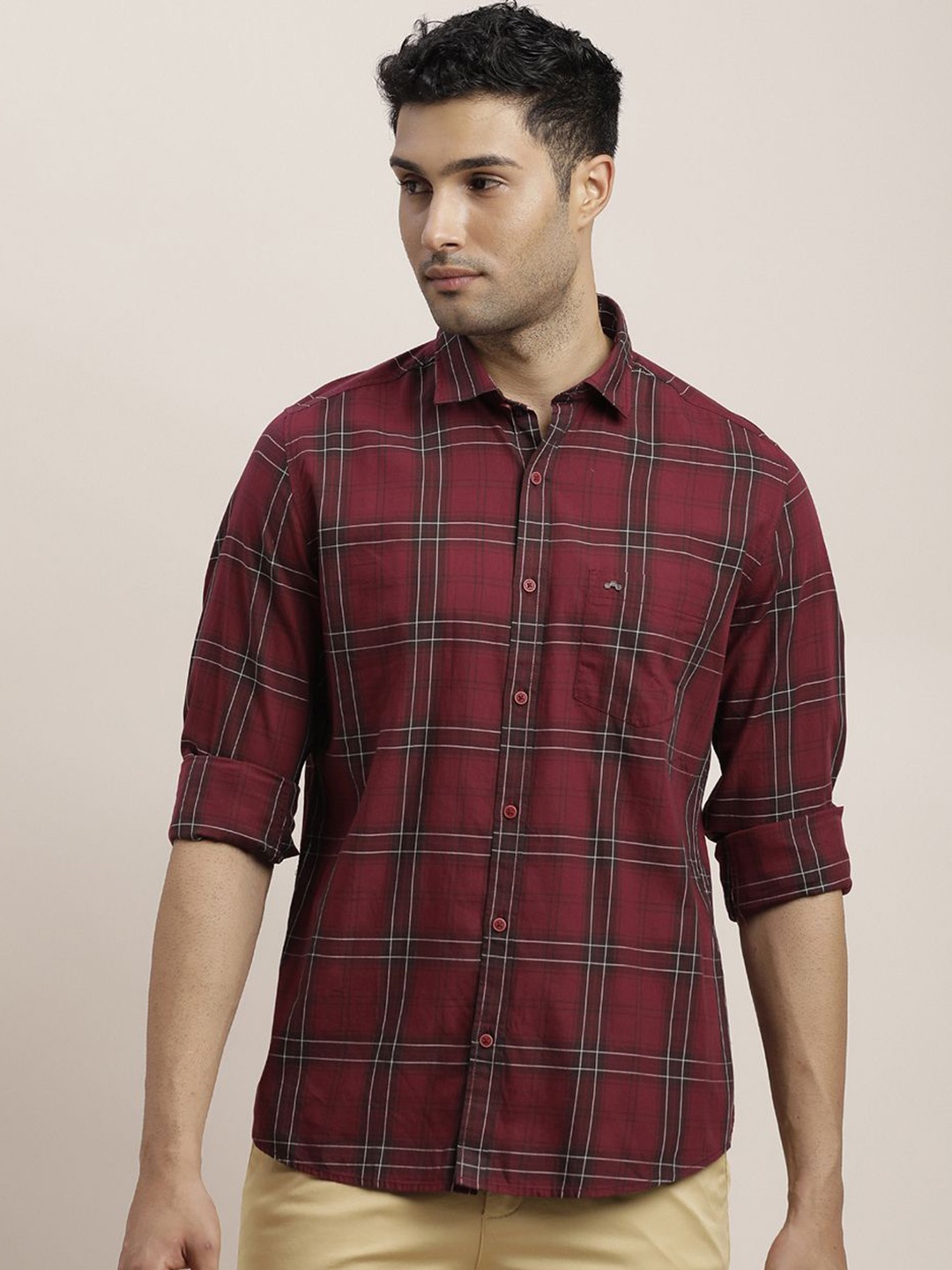 

Turtle Men Relaxed Spread Collar Tartan Checked Cotton Slim Fit Casual Shirt, Maroon