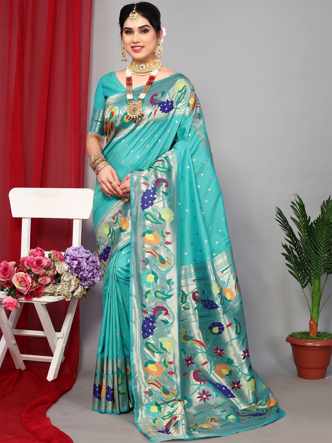 

LeeliPeeri Designer Floral Woven Design Zari Paithani Saree, Blue