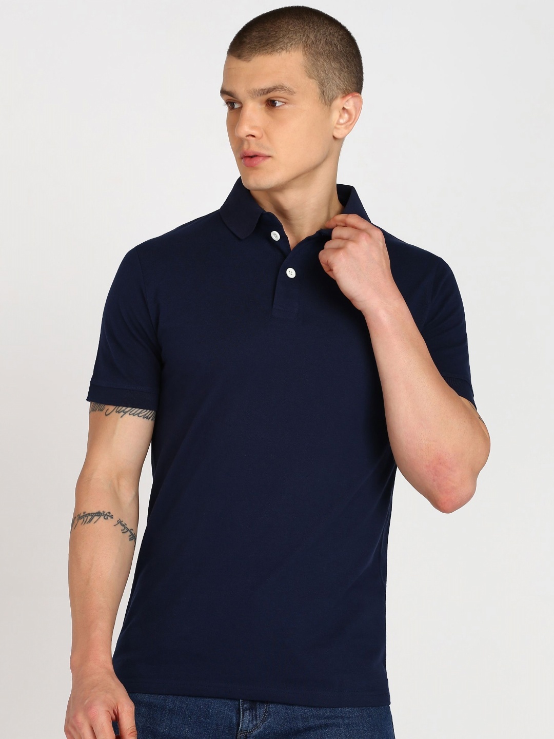 

SHARKTRIBE Men Solid Polo Collar Cotton T-shirt, Navy blue