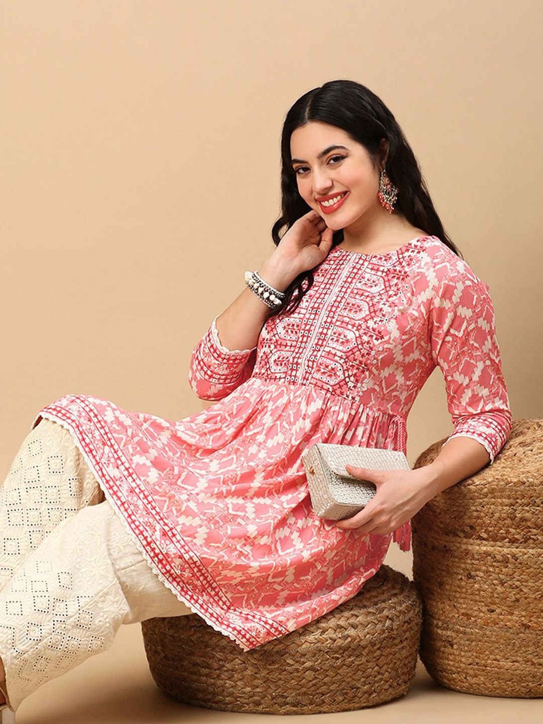 

SHOWOFF Women Ethnic Motifs Printed Thread Work Empire Kurti, Coral
