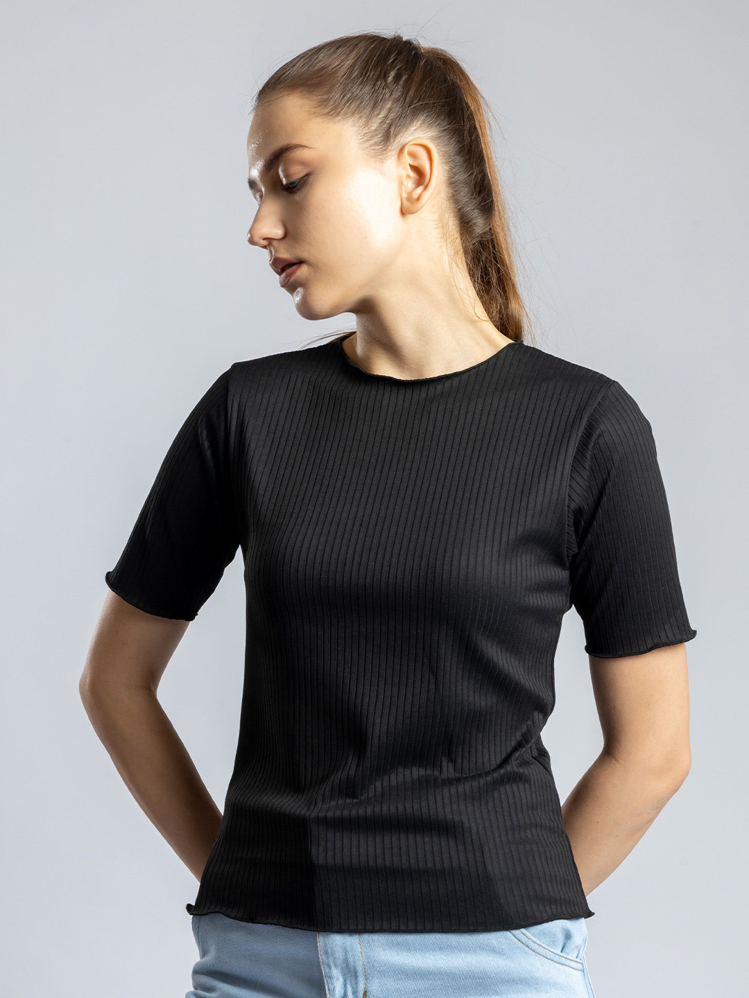 

Redamancii Women Solid Round Neck Polycotton Top, Black