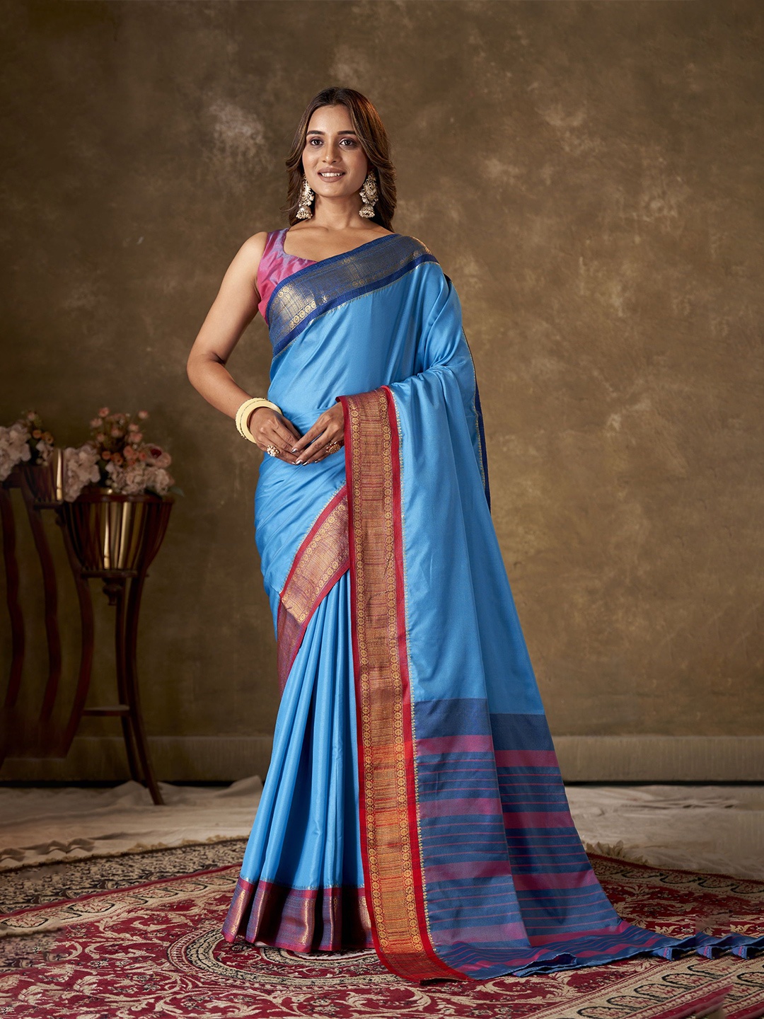 

KAYOMMI Solid Zari Pure Cotton Banarasi Saree, Blue
