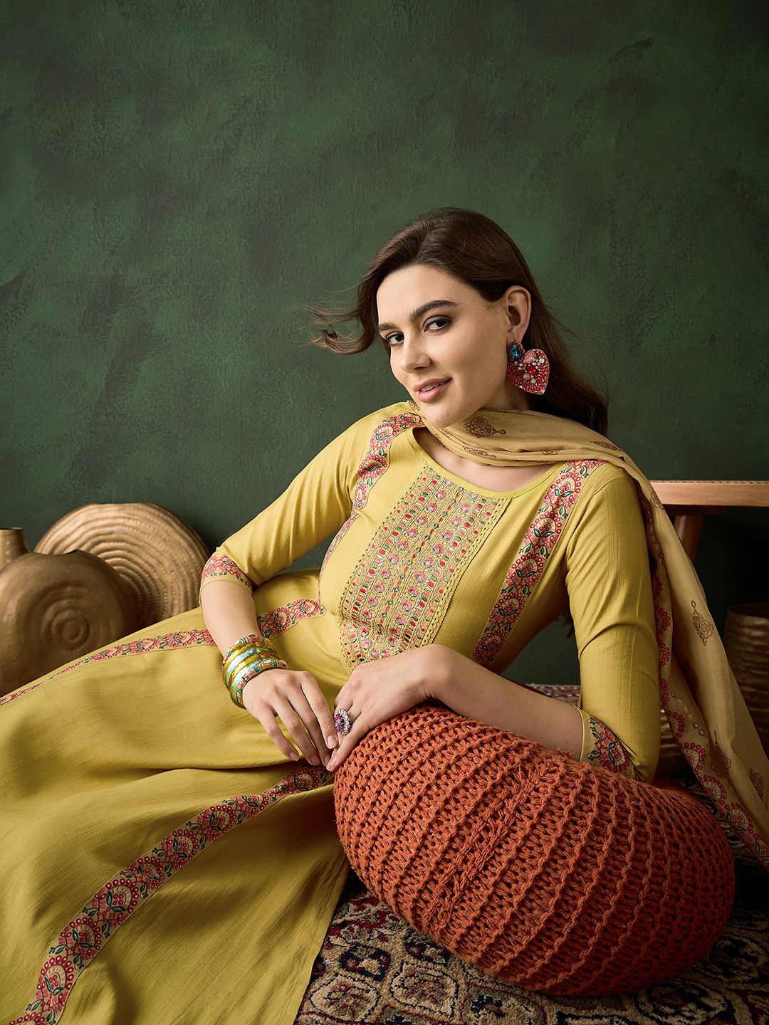 

Sangria Floral Embroidered Sequinned Straight Kurta & Trouser With Dupatta, Yellow