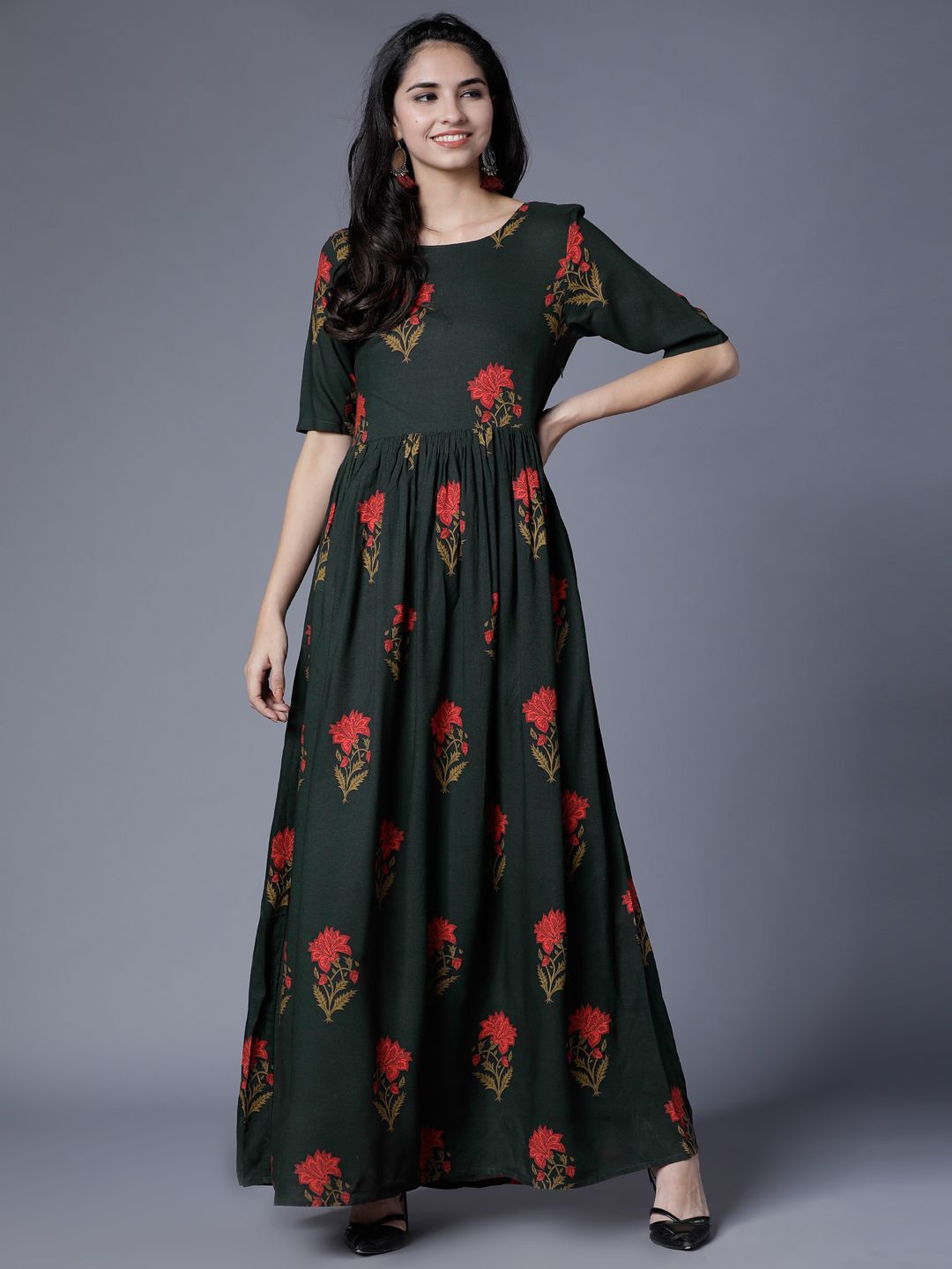 

Vishudh Floral Printed Maxi Dress, Olive