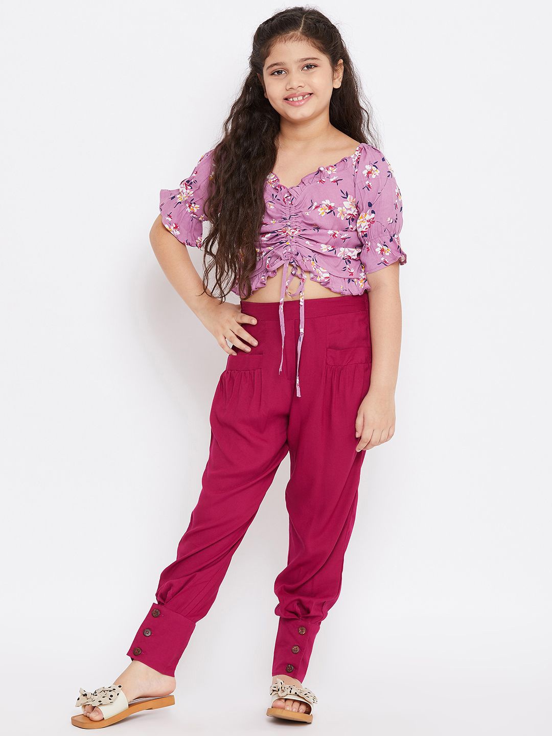 

Stylo Bug Girls Printed Pure Cotton Top With Trousers, Purple