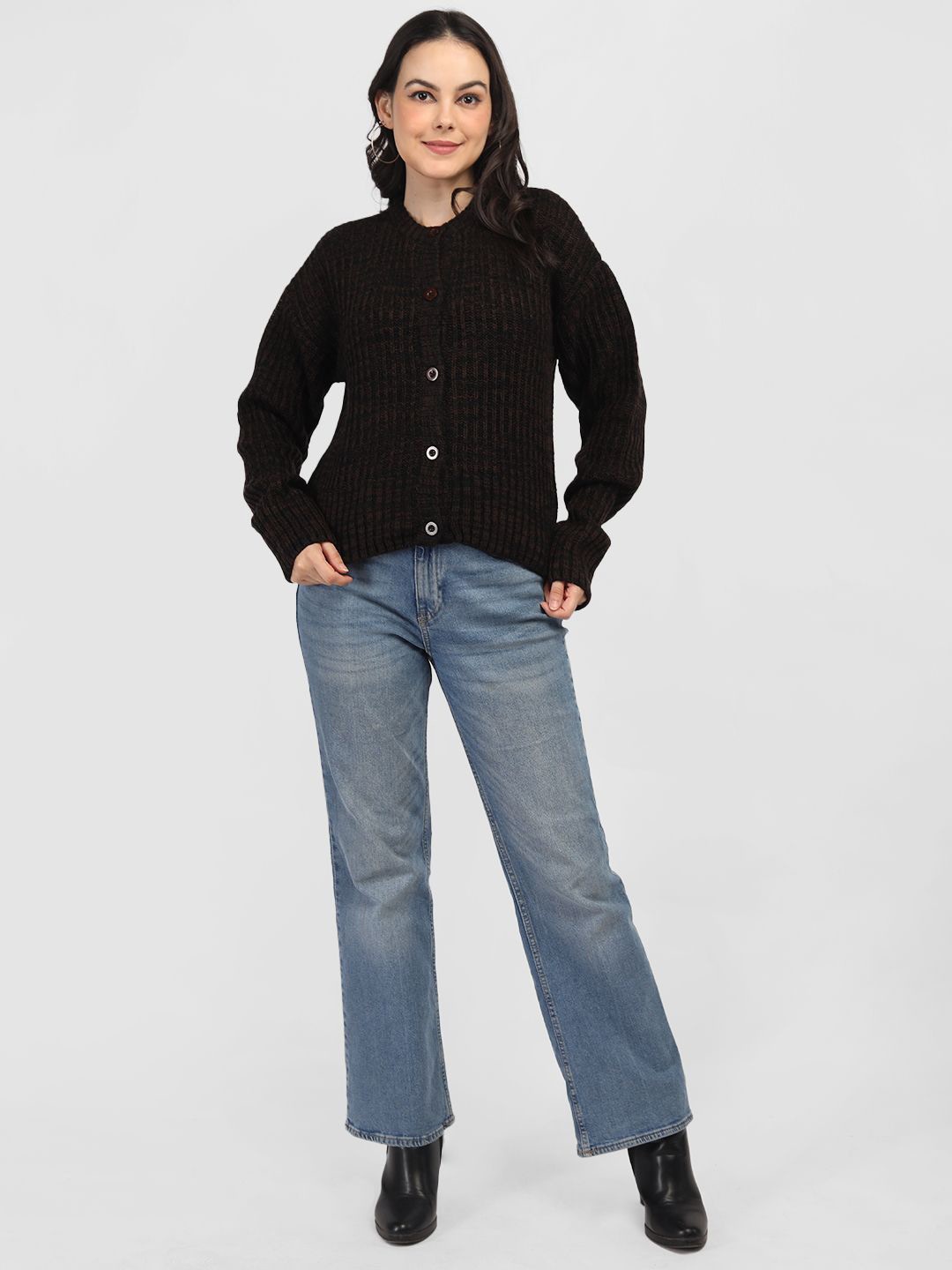 

CHKOKKO Women Cable Knit Woollen Cardigan, Coffee brown