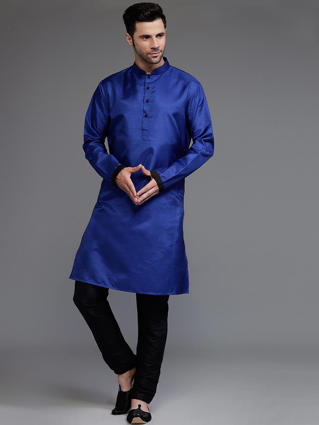 

Utsav Fashion Mandarin Collar Dupion Silk Kurta With Pyjama, Navy blue