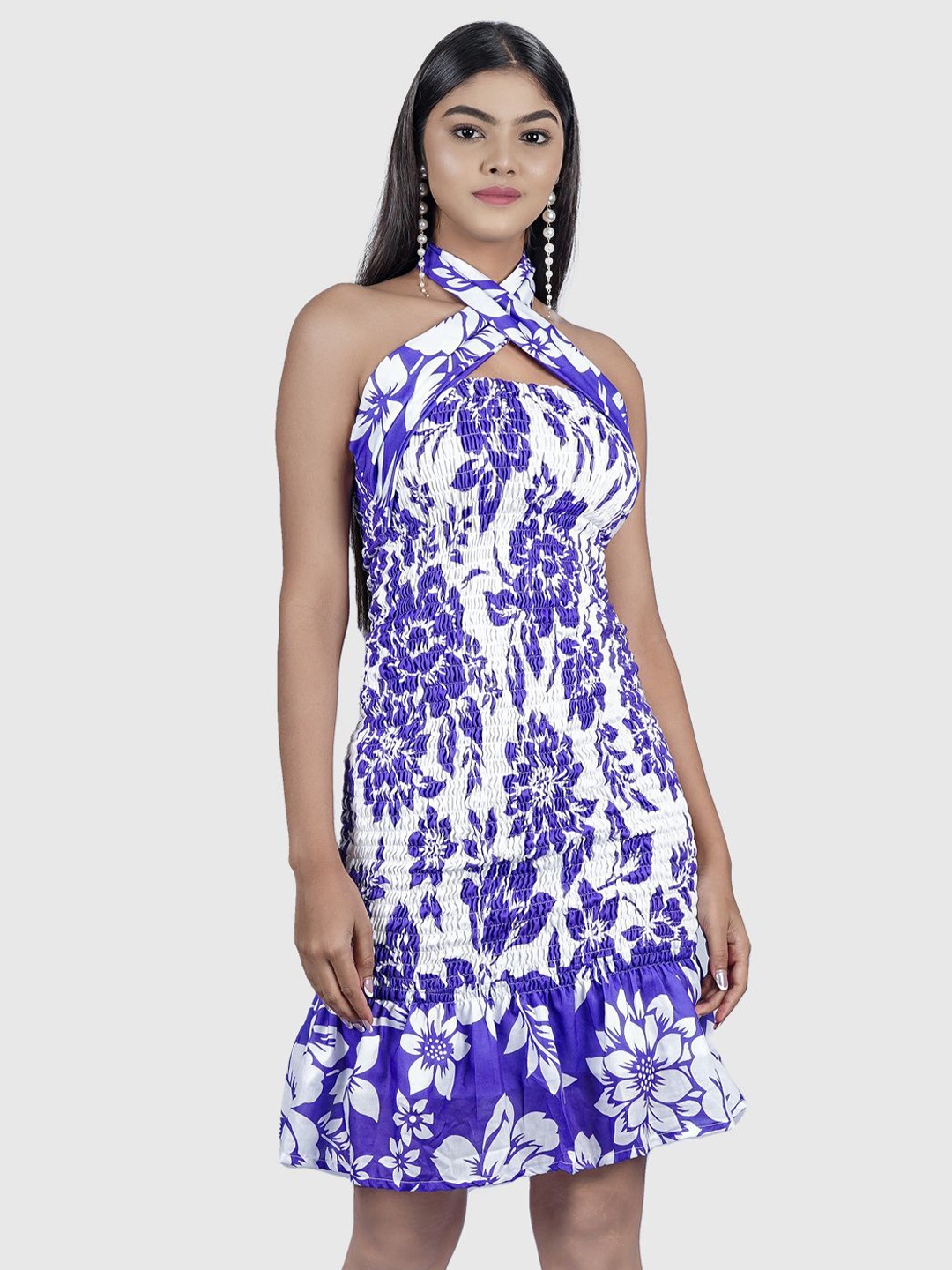 

Nesha India Women Floral Printed Halter Neck Bodycon Dress, White