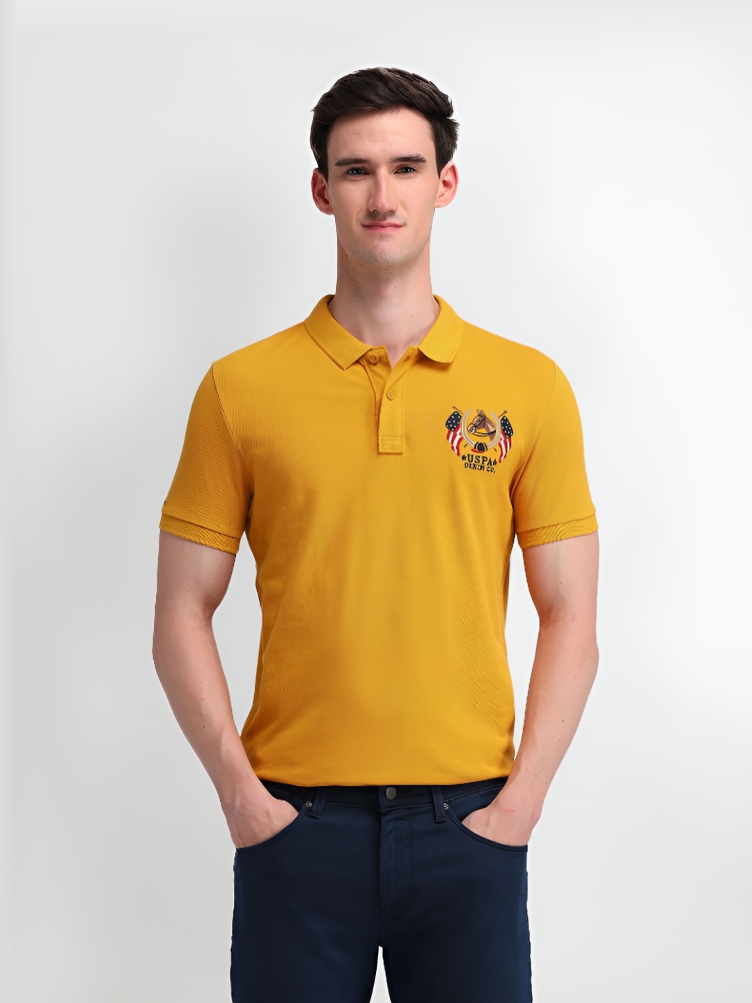 

U.S. Polo Assn. Denim Co. Men Brand Logo Printed Polo Collar Slim Fit Pure Cotton T-shirt, Mustard