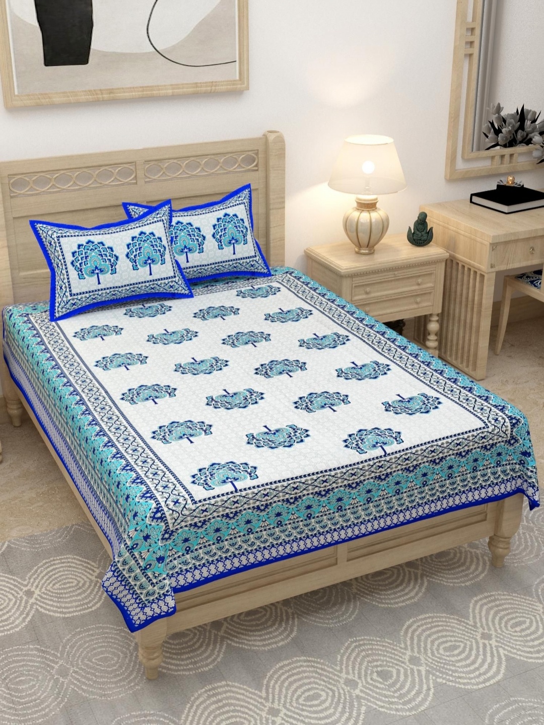 

Lali Prints Blue & White Floral Printed 180 TC Cotton Single Bedsheet With 2 Pillow Covers