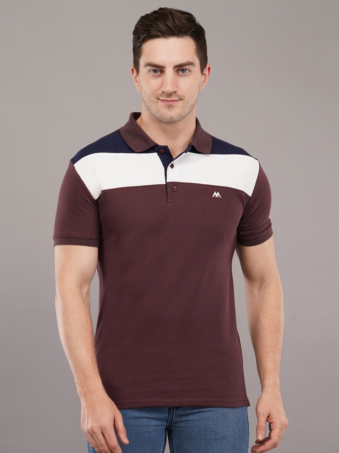 

MEGHZ Men Striped Polo Collar Cotton Slim Fit T-shirt, Maroon