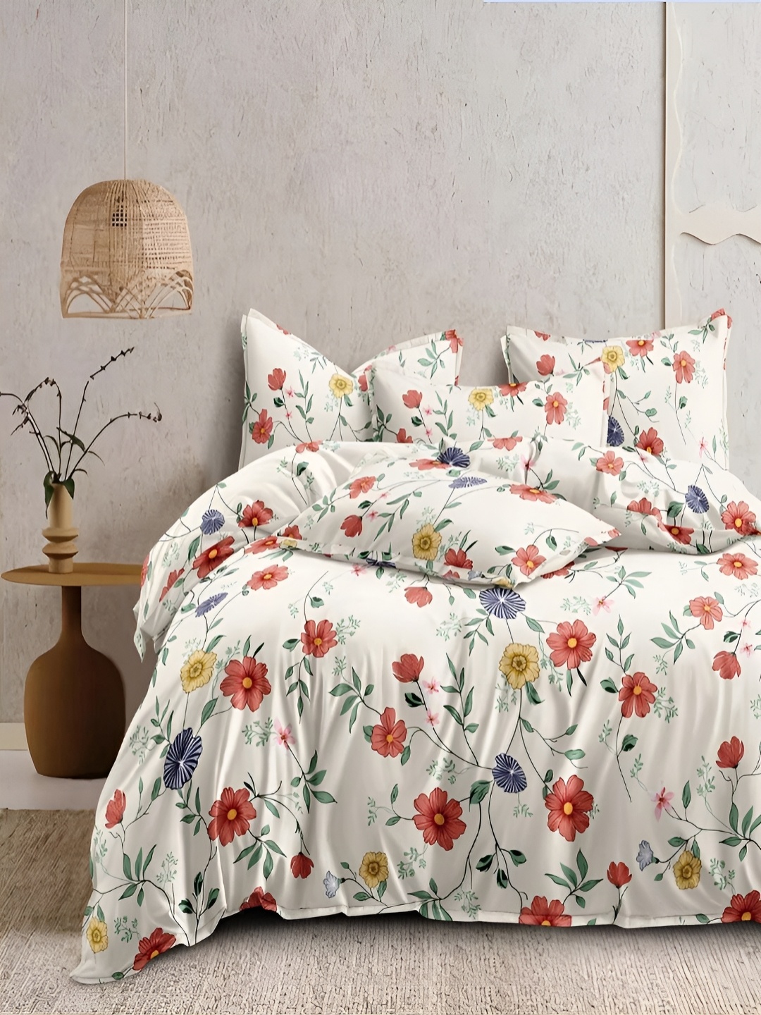

CHICERY White & Red Floral Printed Pure Cotton Double Bed Duvet Cover With Zipper