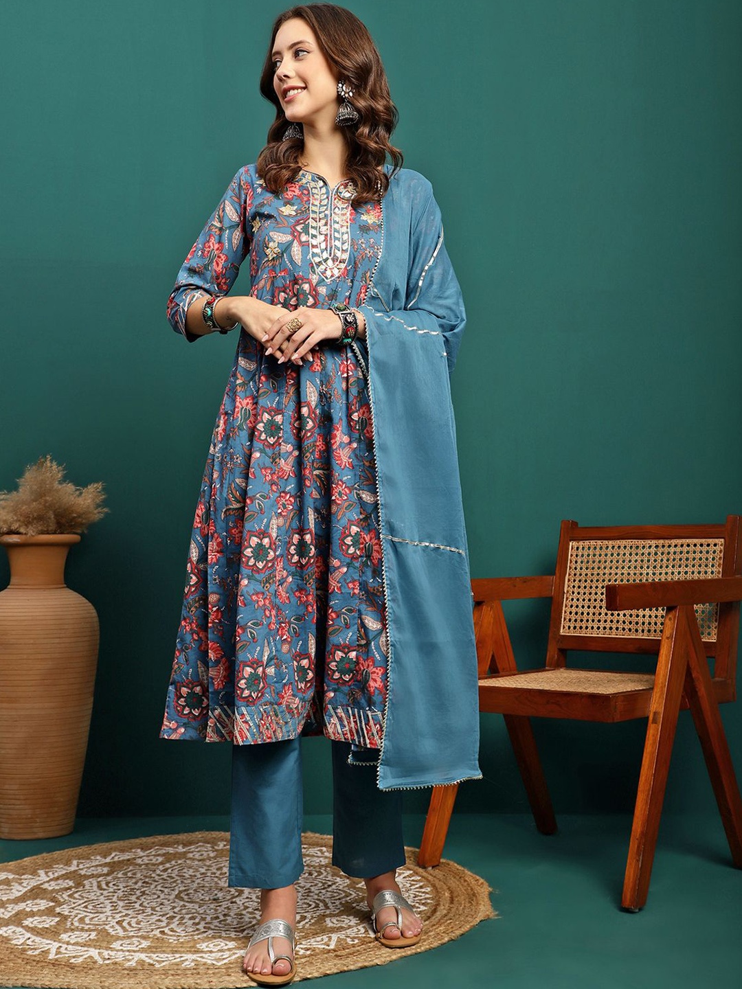 

BANDIA Floral Printed Gotta Patti Pure Cotton Anarkali Kurta with Trousers & Dupatta, Blue