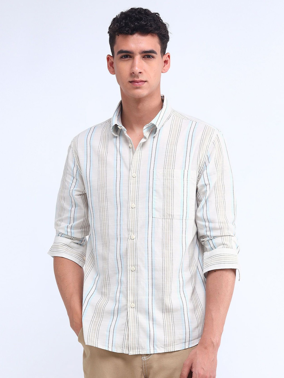 

Flying Machine Men Spread Collar Vertical Striped Cotton Casual Shirt, Blue