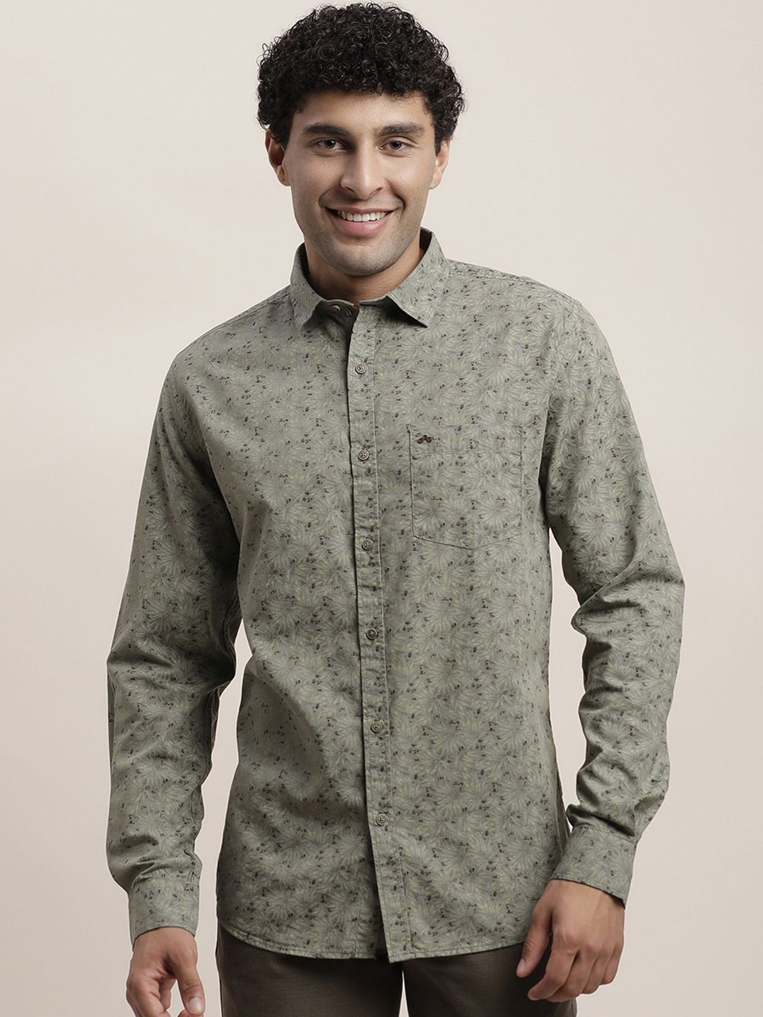 

Turtle Men Relaxed Spread Collar Floral Printed Lyocell Slim Fit Casual Shirt, Grey