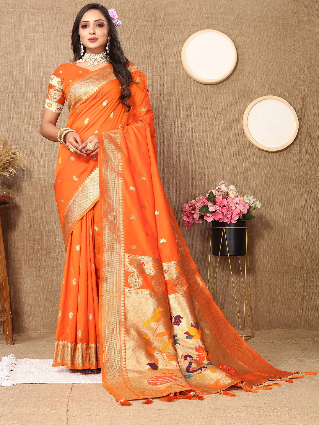 

Zeekha Kalamkari Pure Silk Heavy Work Kanjeevaram Saree, Orange