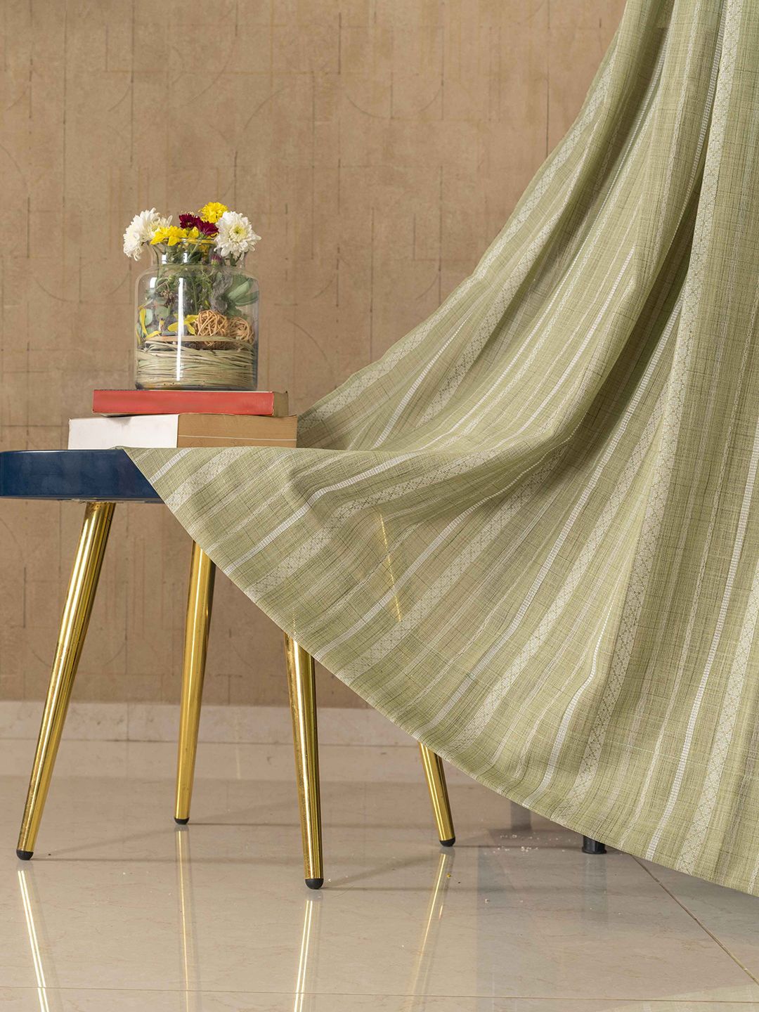 

URBAN SPACE Green & White 2 Pieces Striped Sheer Long Door Curtain