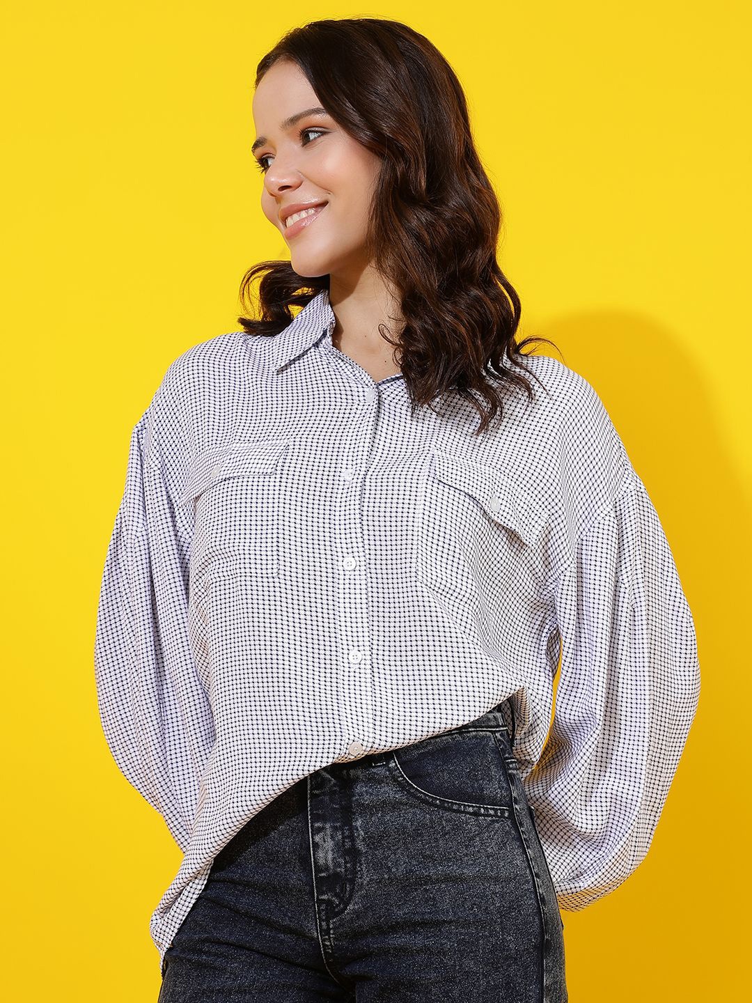 

Kotty Women Comfort Spread Collar Micro Checked Cotton Oversized Casual Shirt, Grey
