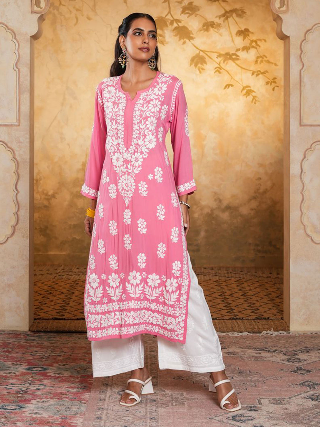 

House of Chikankari Chikankari Woven Kurta, Peach