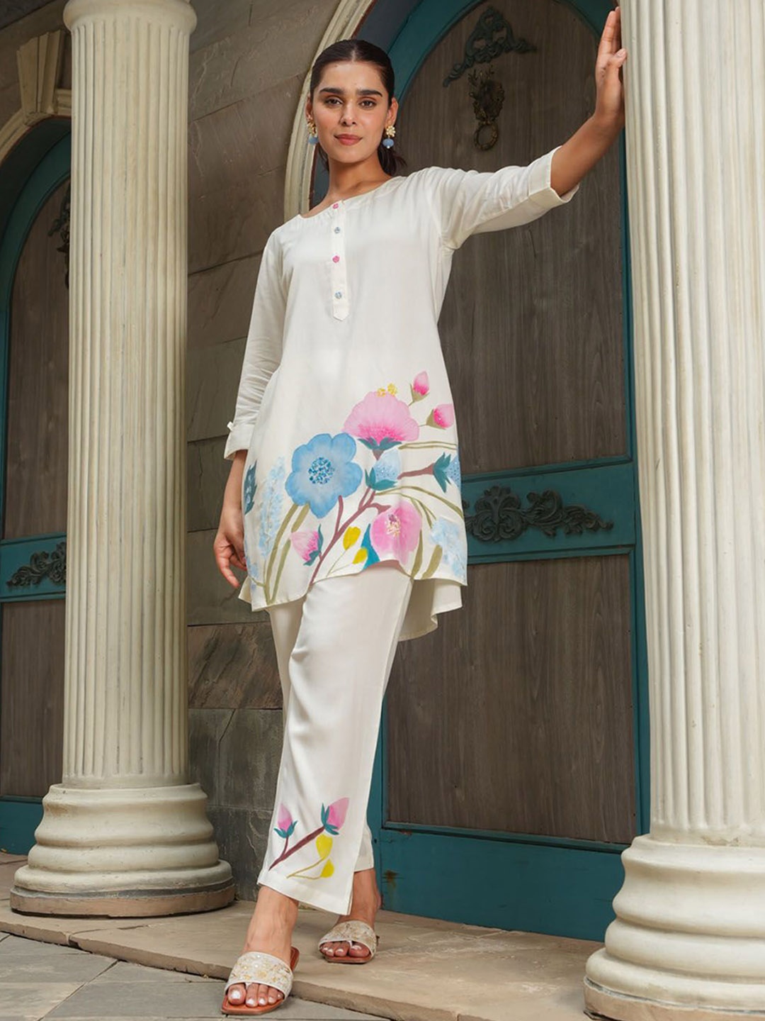 

FASHION DWAR Printed Pure Silk Tunic With Trousers, Off white