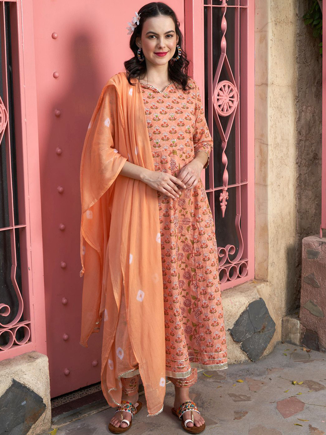 

BANDIA Floral Printed Panelled Mirror Work Pure Cotton Kurta with Trousers & Dupatta, Orange