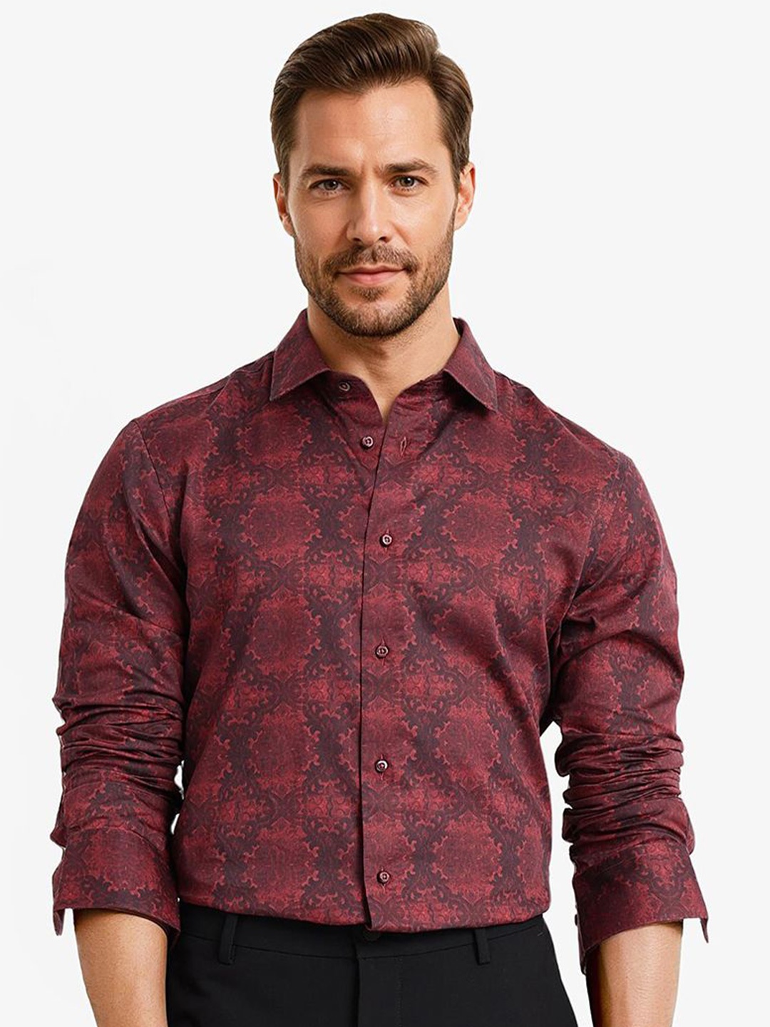

RARE RABBIT Men Comfort Spread Collar Floral Printed Cotton Casual Shirt, Maroon