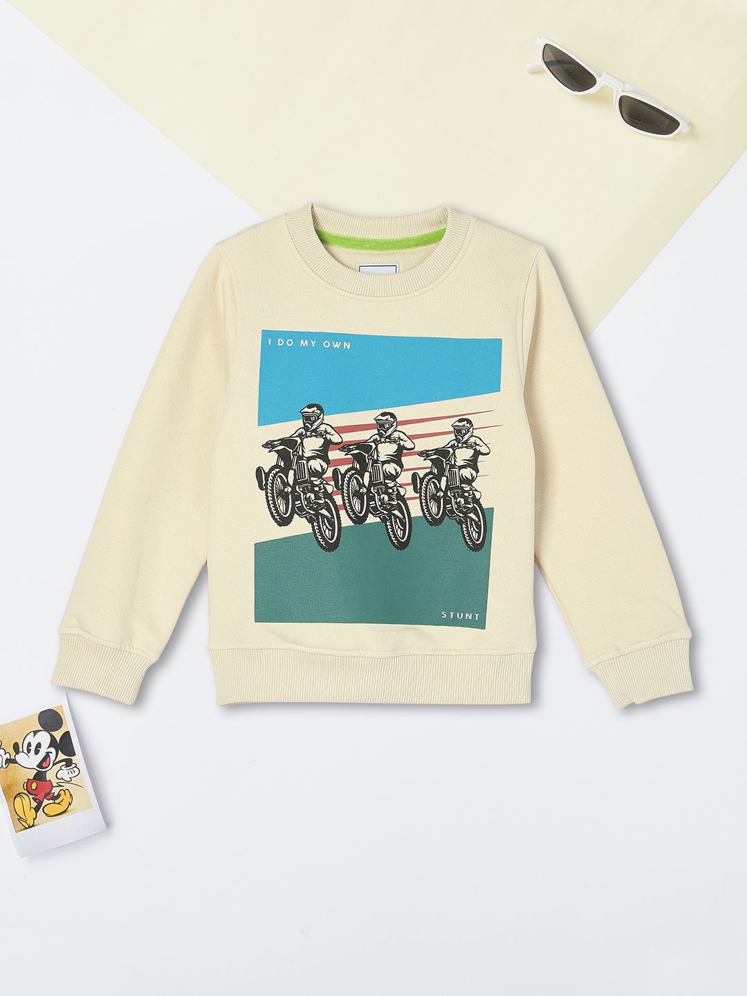 

max Boys Graphic Printed Round Neck Cotton Pullover Sweatshirt, Beige