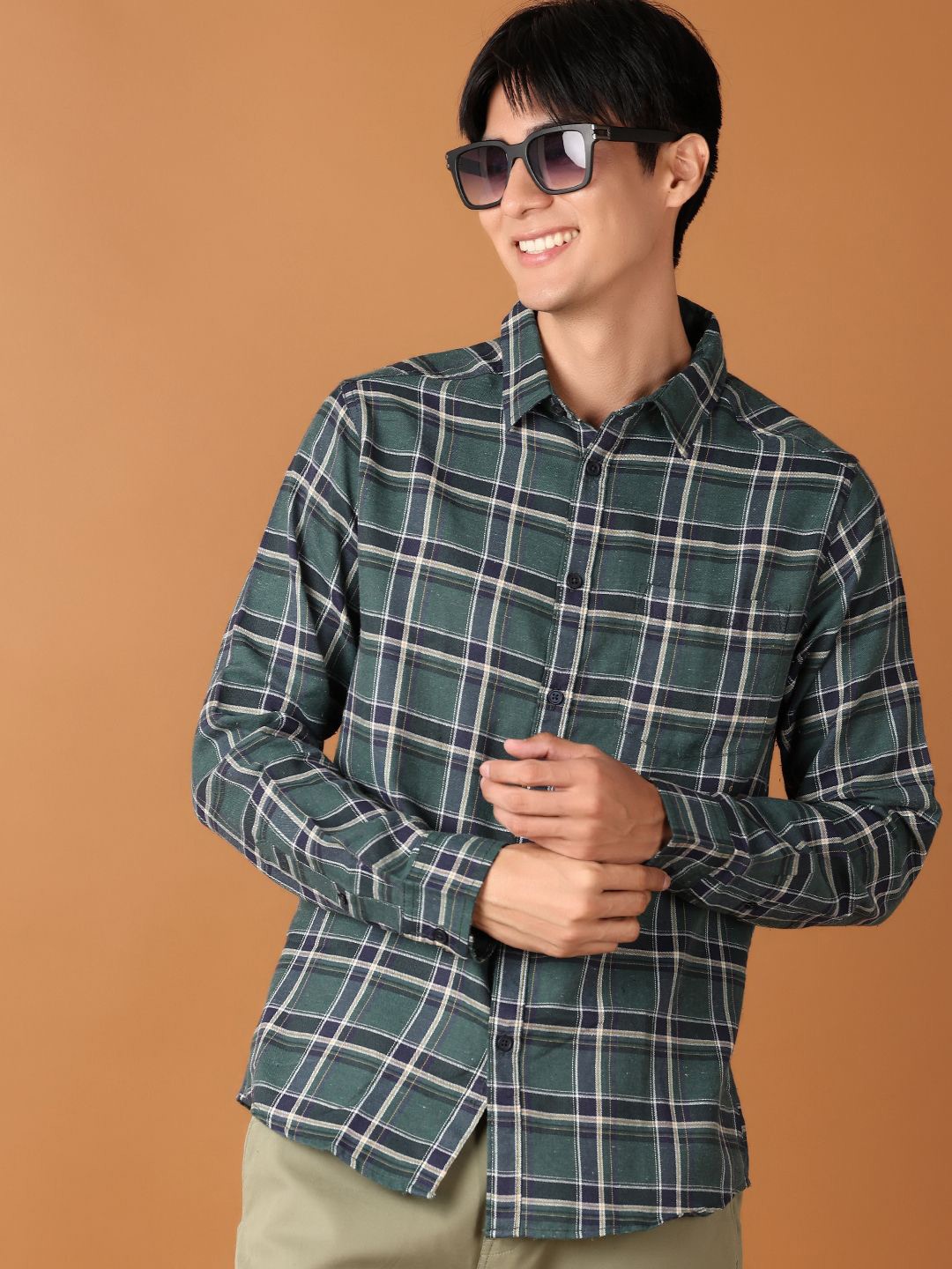 

V-Mart Men Classic Spread Collar Tartan Checks Striped Cotton Slim Fit Casual Shirt, Green