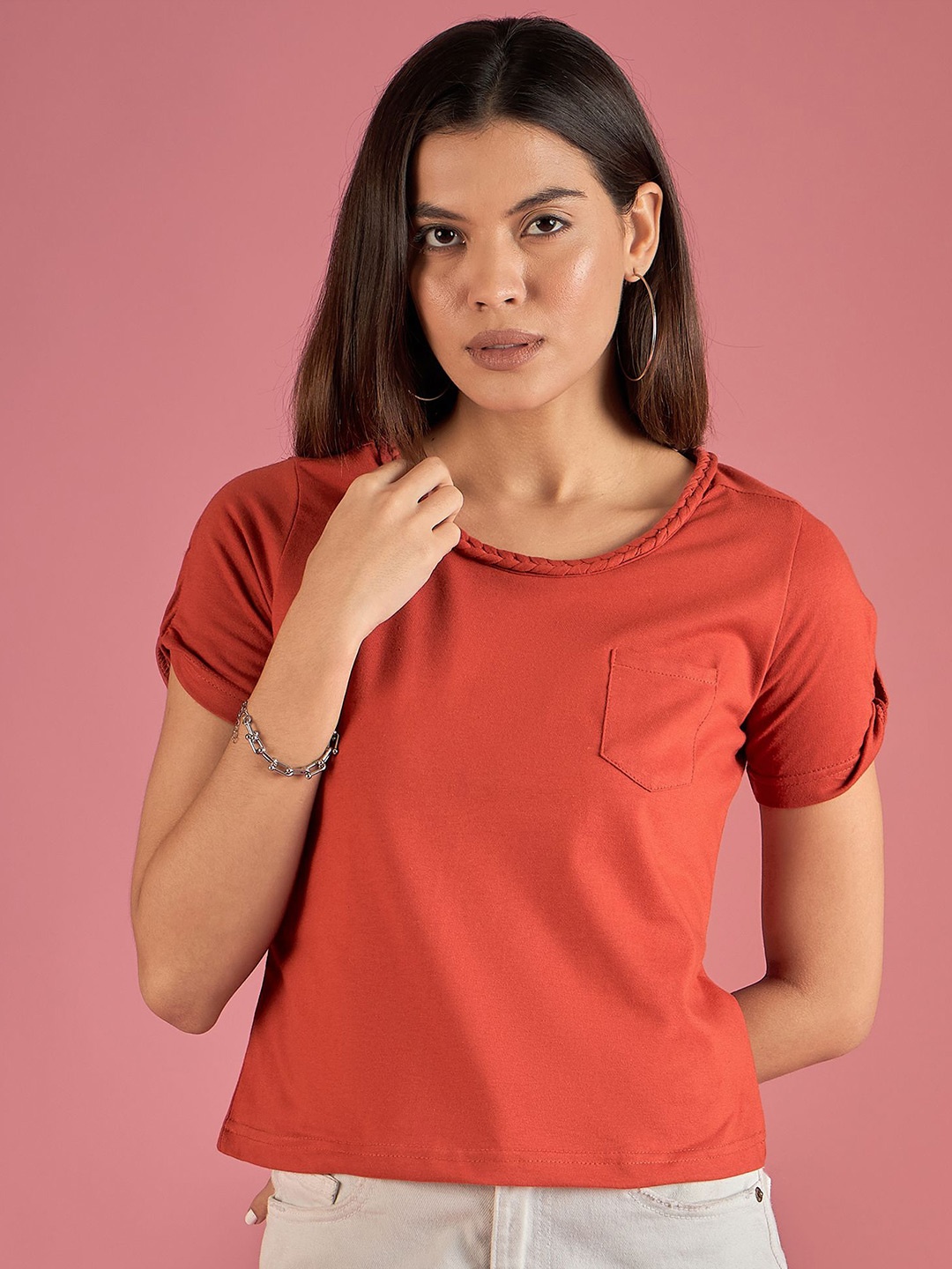

DressBerry Women Solid Round Neck Cotton Top, Orange