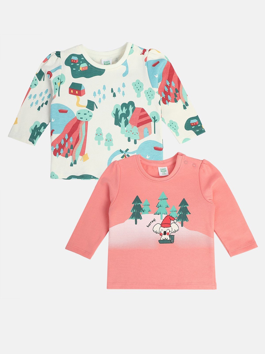 

MINI KLUB Girls Pack Of 2 Conversational Printed Round Neck Cotton Tops, Orange