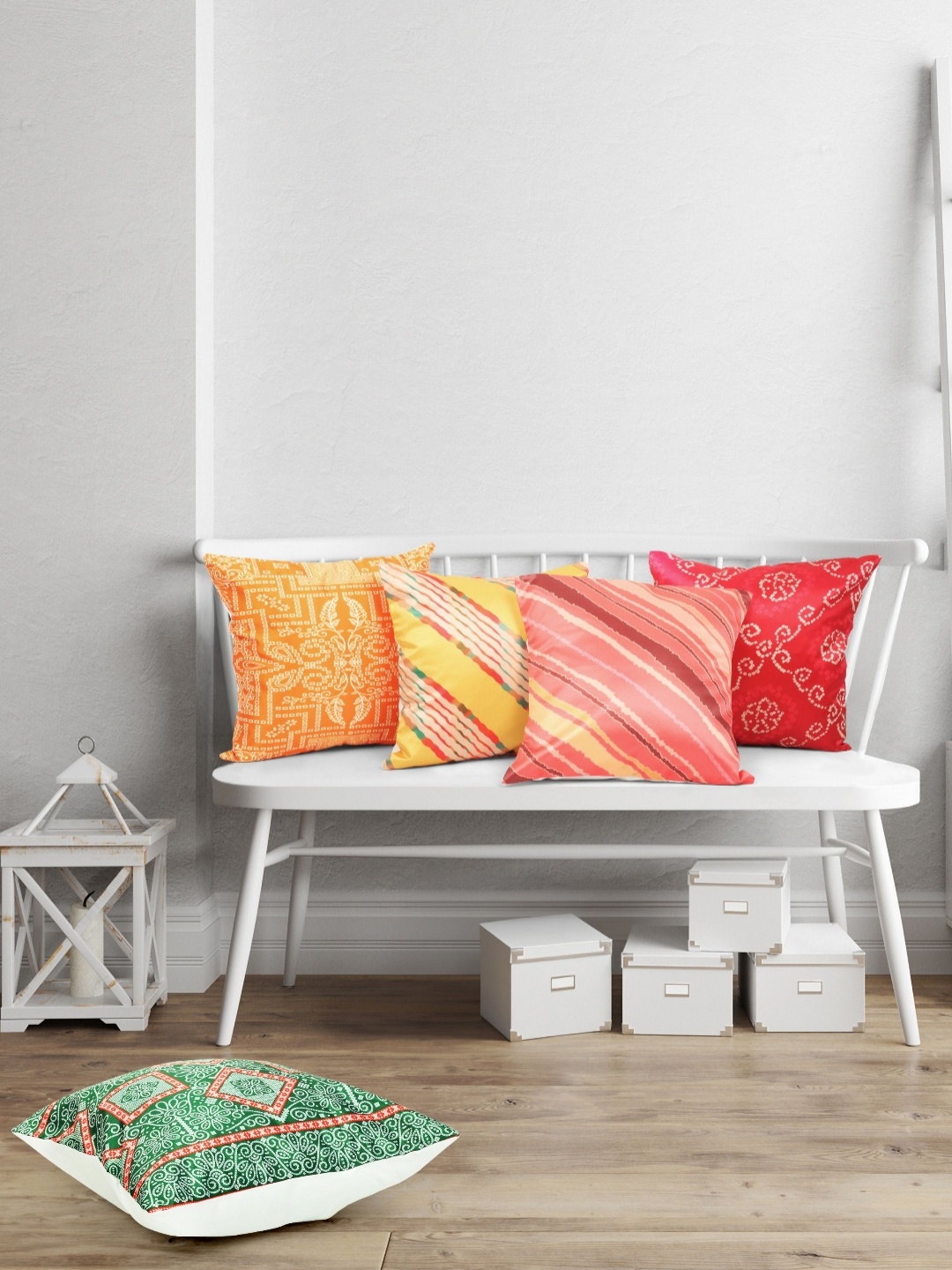 

Vendola Yellow & Green 5 Pieces Ethnic Motifs Printed Satin Square Cushion Covers