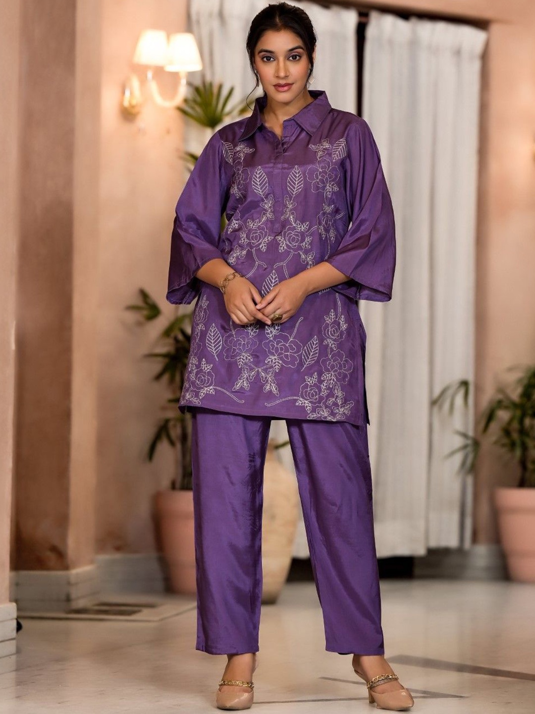 

AUTUMN LANE Irene Orchid Floral Embroidered Tunic With Trousers, Purple