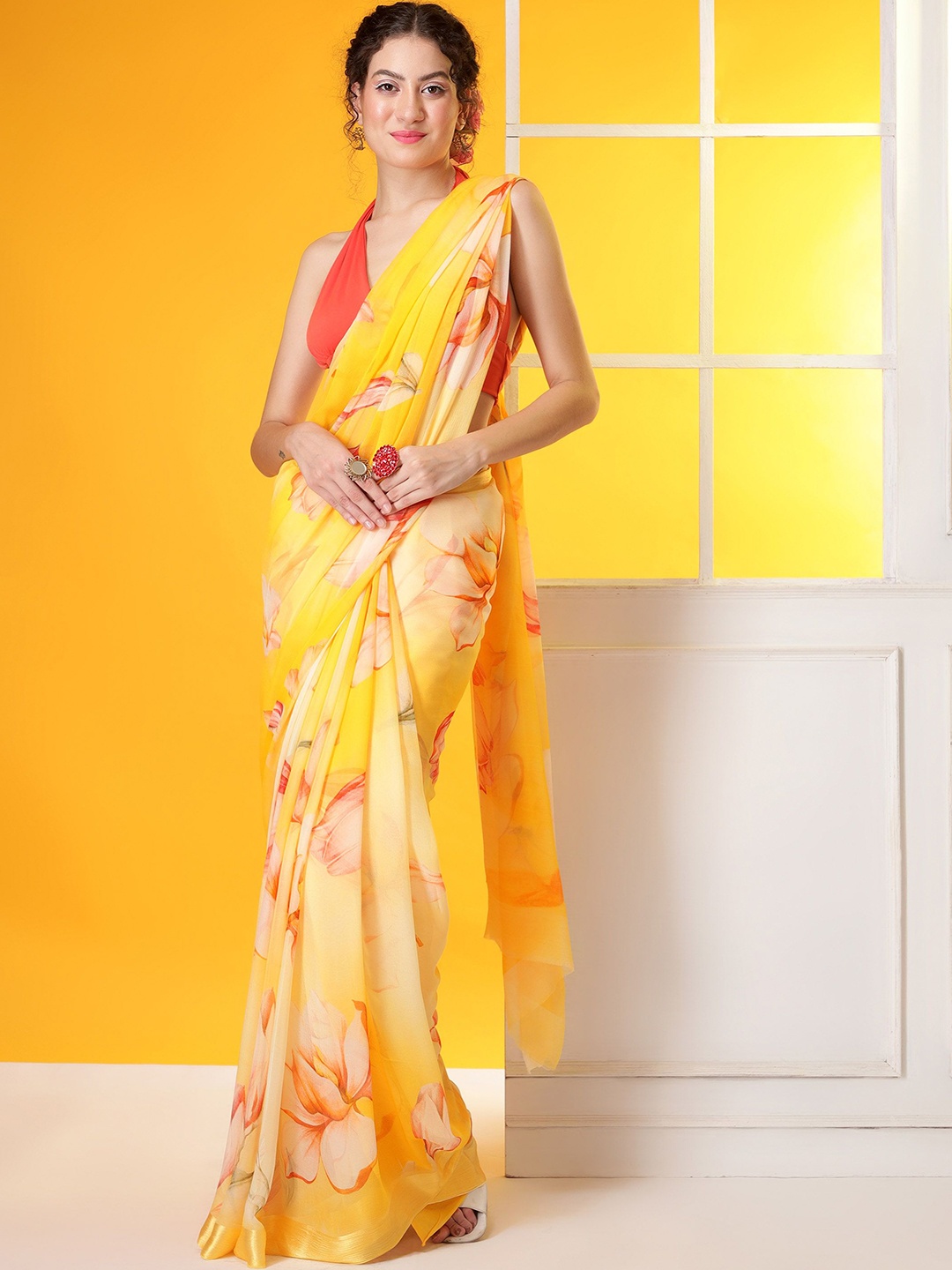 

REETI OF PRINTS Floral Printed Pure Chiffon Saree, Yellow