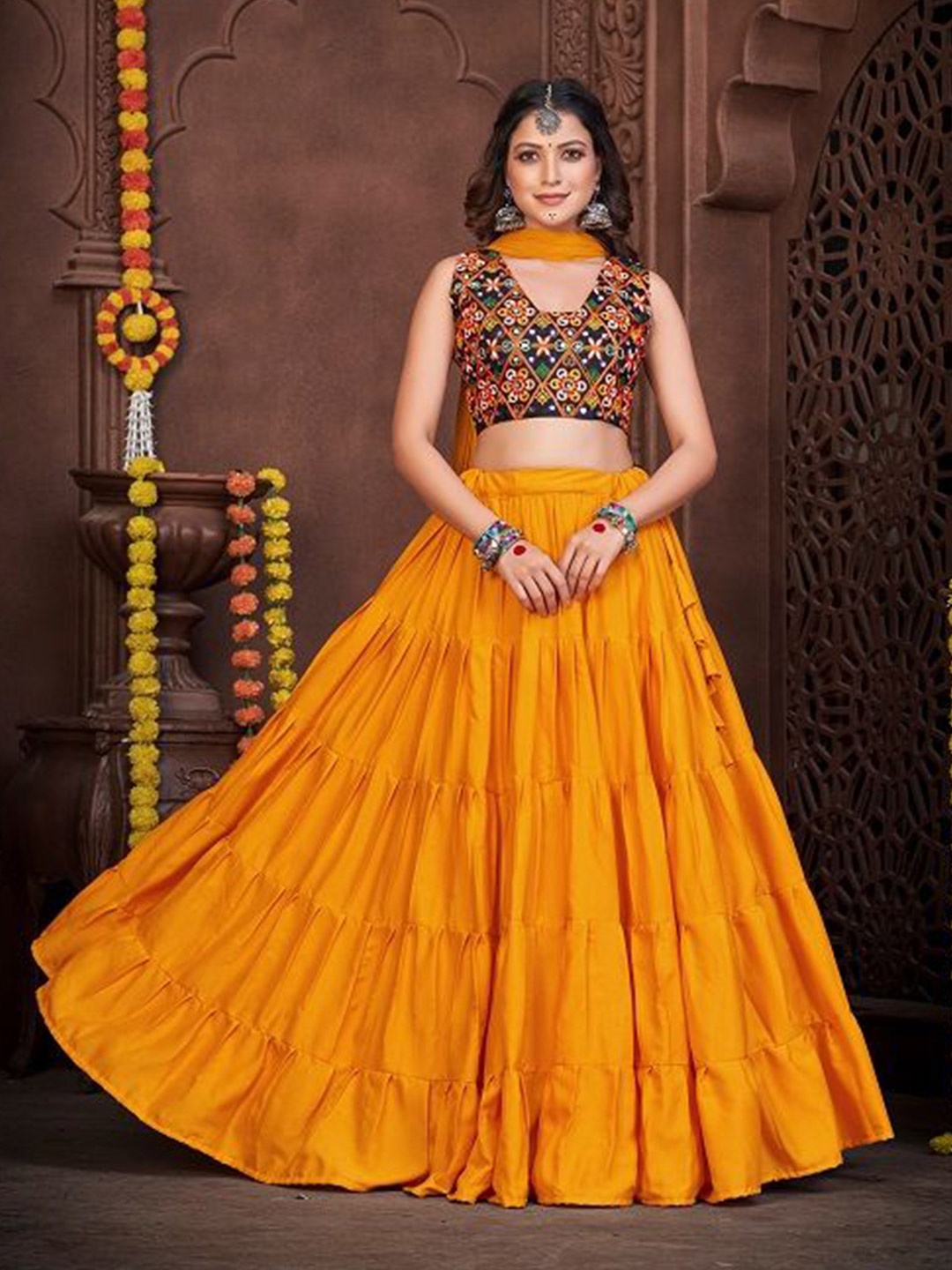

KALINI Embroidered Thread Work Semi-Stitched Lehenga & Unstitched Blouse With Dupatta, Mustard
