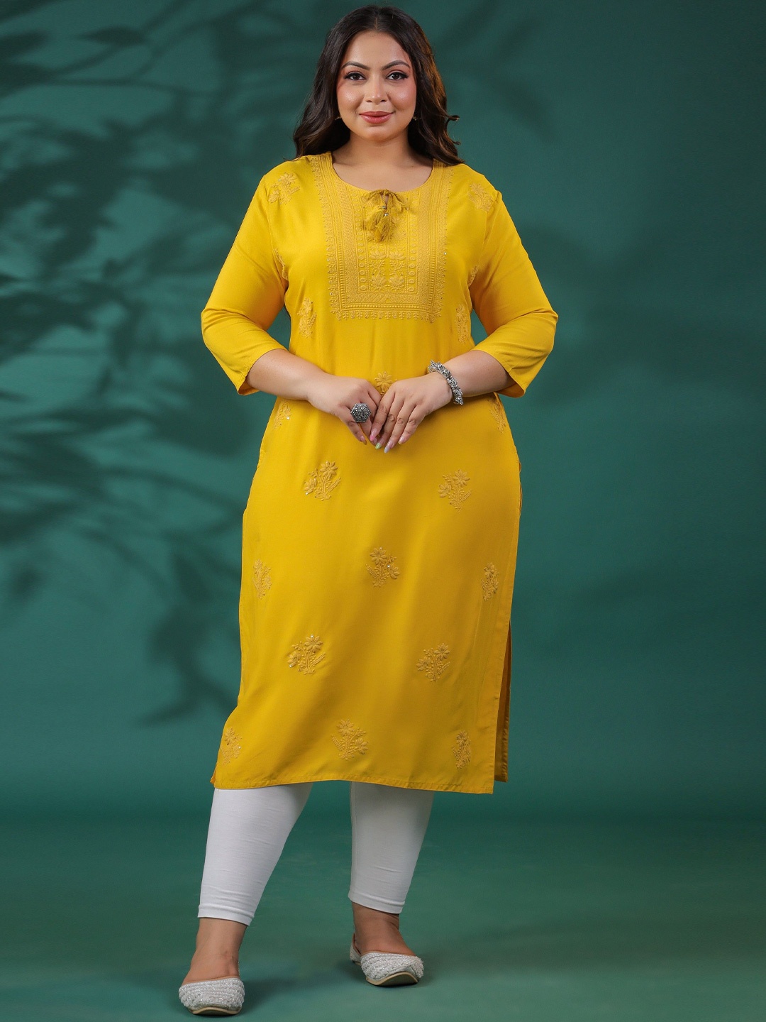 

LALI JAIPUR Women Plus Size Pure Cotton Embroidered Straight Kurta, Mustard
