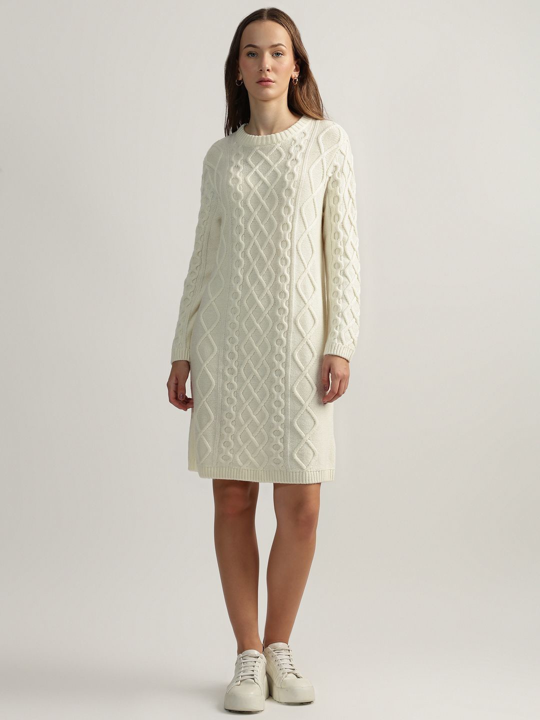 

GANT Woollen Women Cream Solid Round Neck Full Sleeves Midi Dress