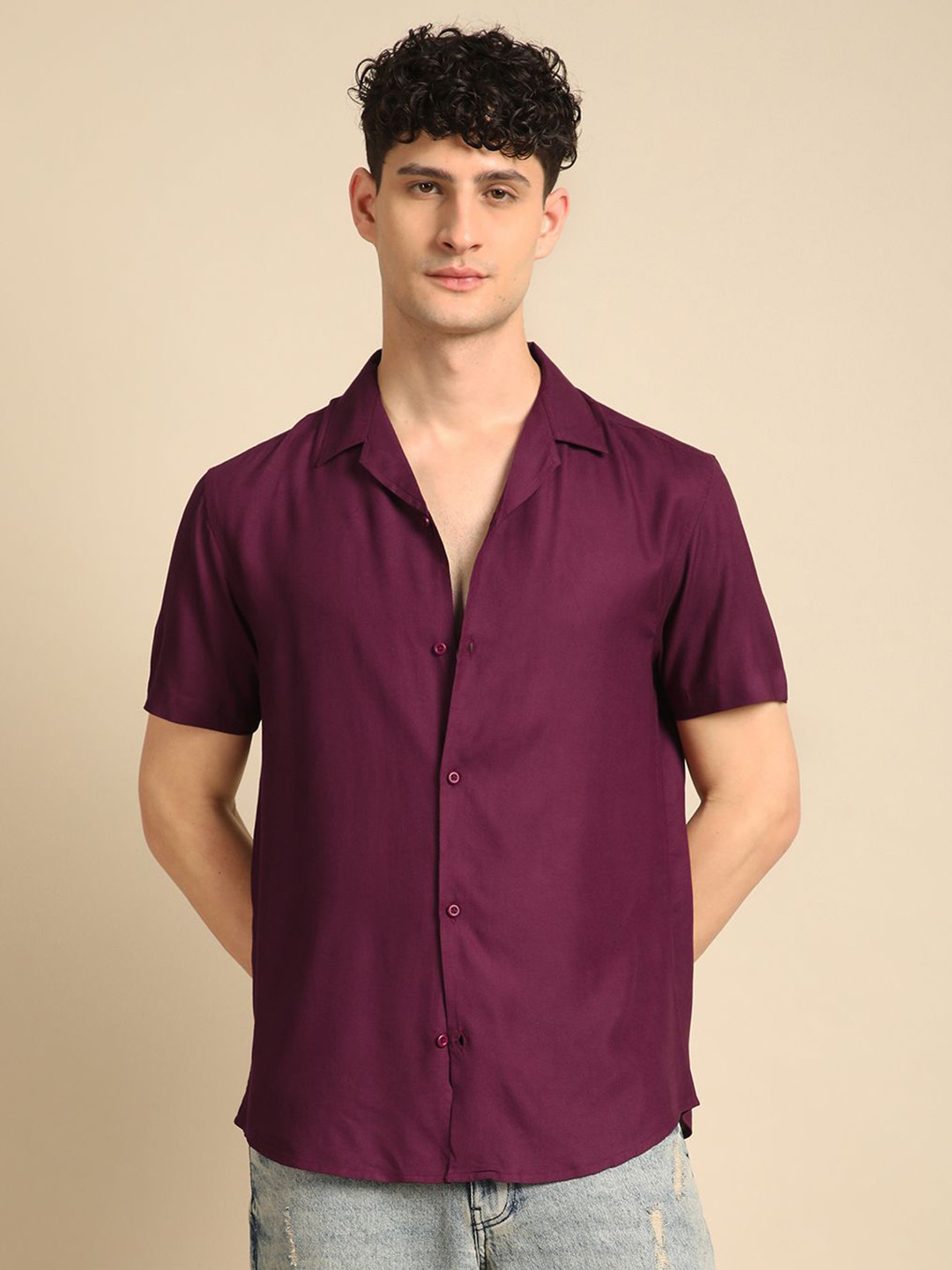 

Voroxy Men Smart Cuban Collar Solid Casual Shirt, Burgundy